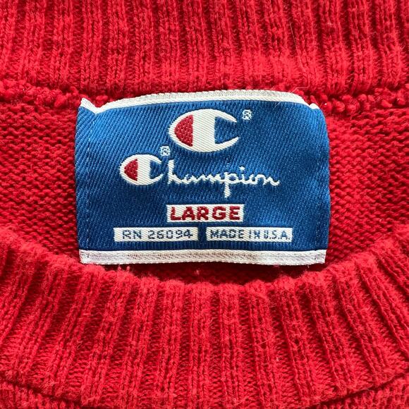 Vintage Knit Champion Crewneck Sweater Red USA Made Solid Unisex L 80s 90s - Picture 2 of 9